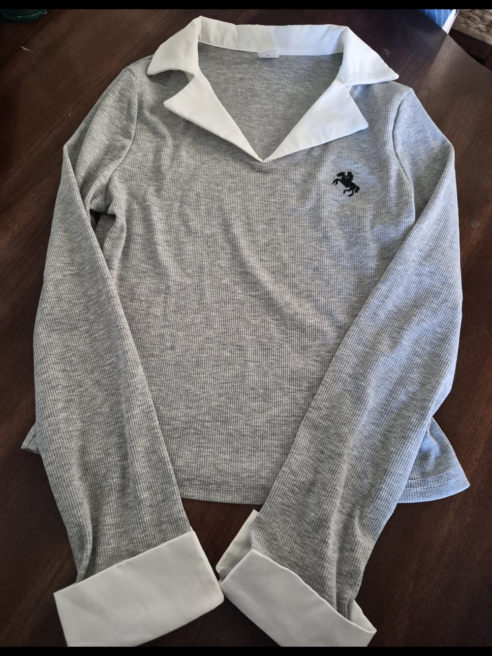 SHEIN Gray V‑Neck Sweater with White Collar & Cuffs
